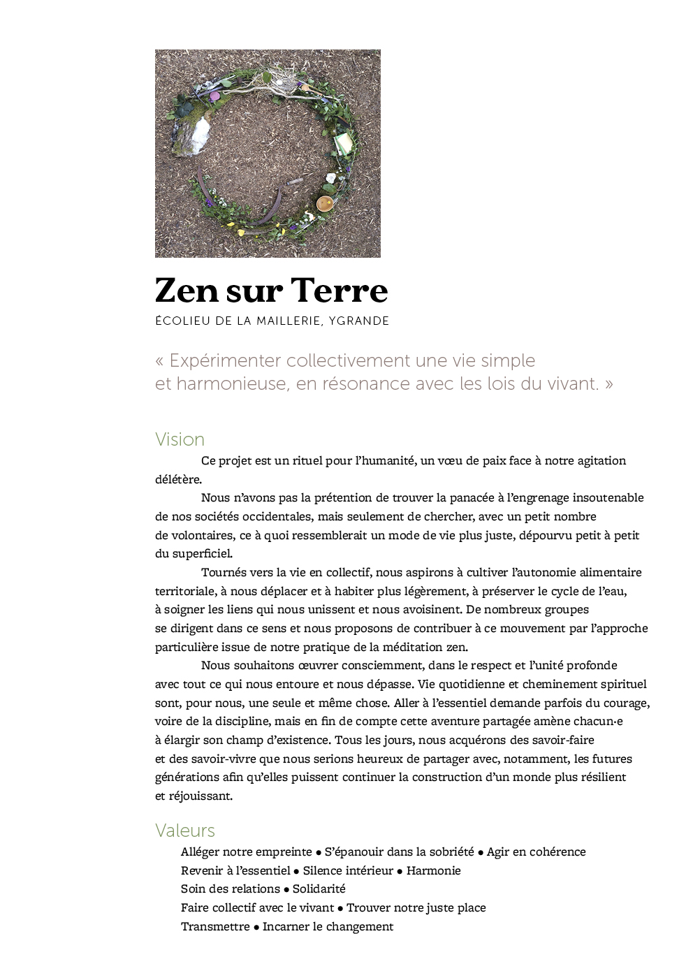 Première page de la plaquette de présentation de Zen sur Terre