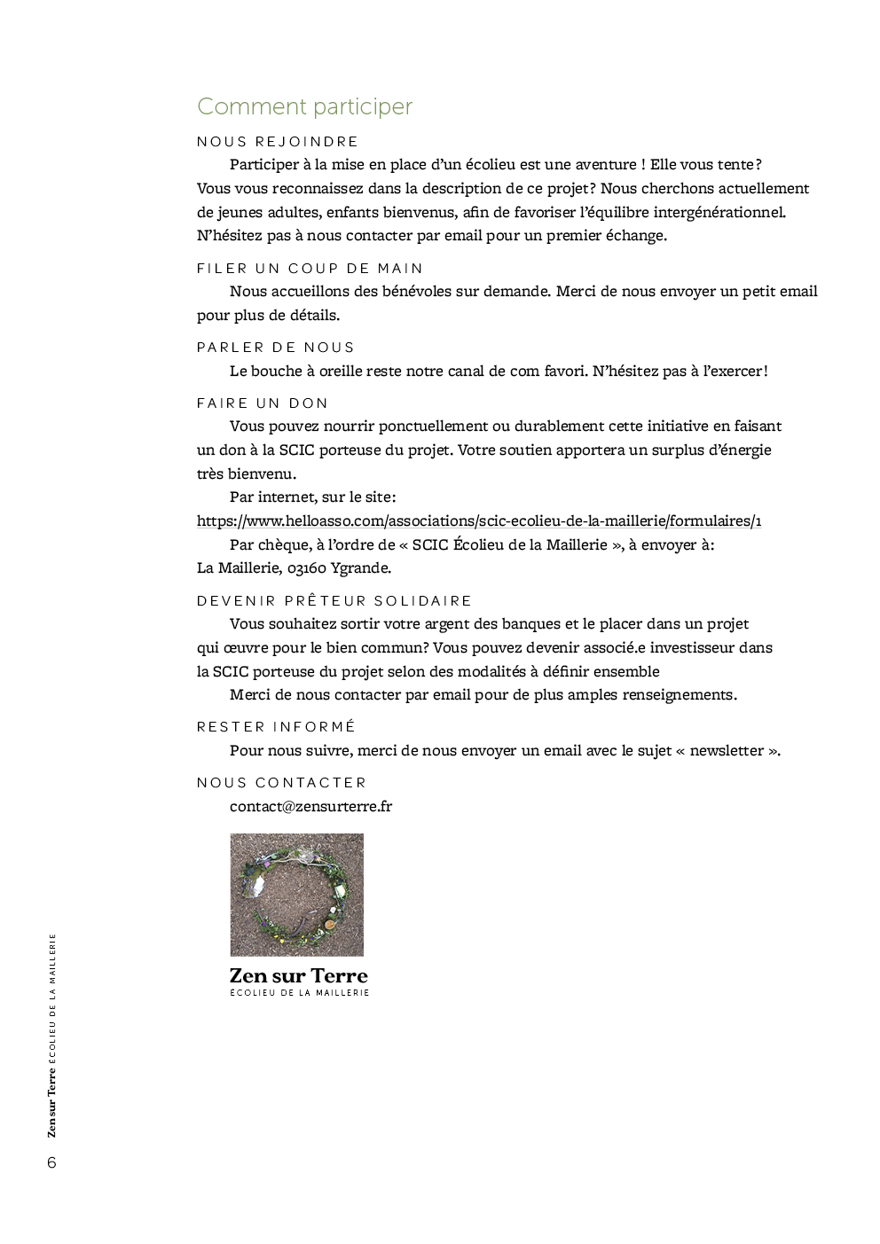 Sixième et dernière page de la plaquette de présentation de Zen sur Terre